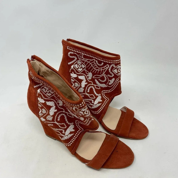 Anthropologie Plomo Paula Embroidered Wedge Sandals Rust Orange Size 37 US 6.5 - Picture 7 of 8